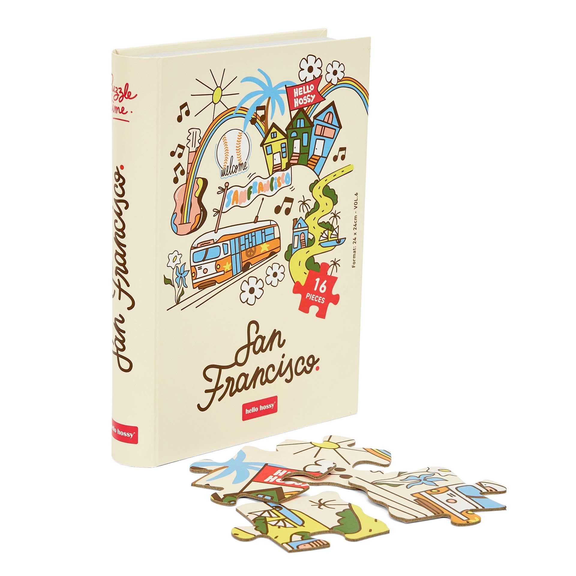 Puzzle infantil Hello Hossy em formato de livro – 16 peças – verso ilustrado com mensagem da marca – vista frontal