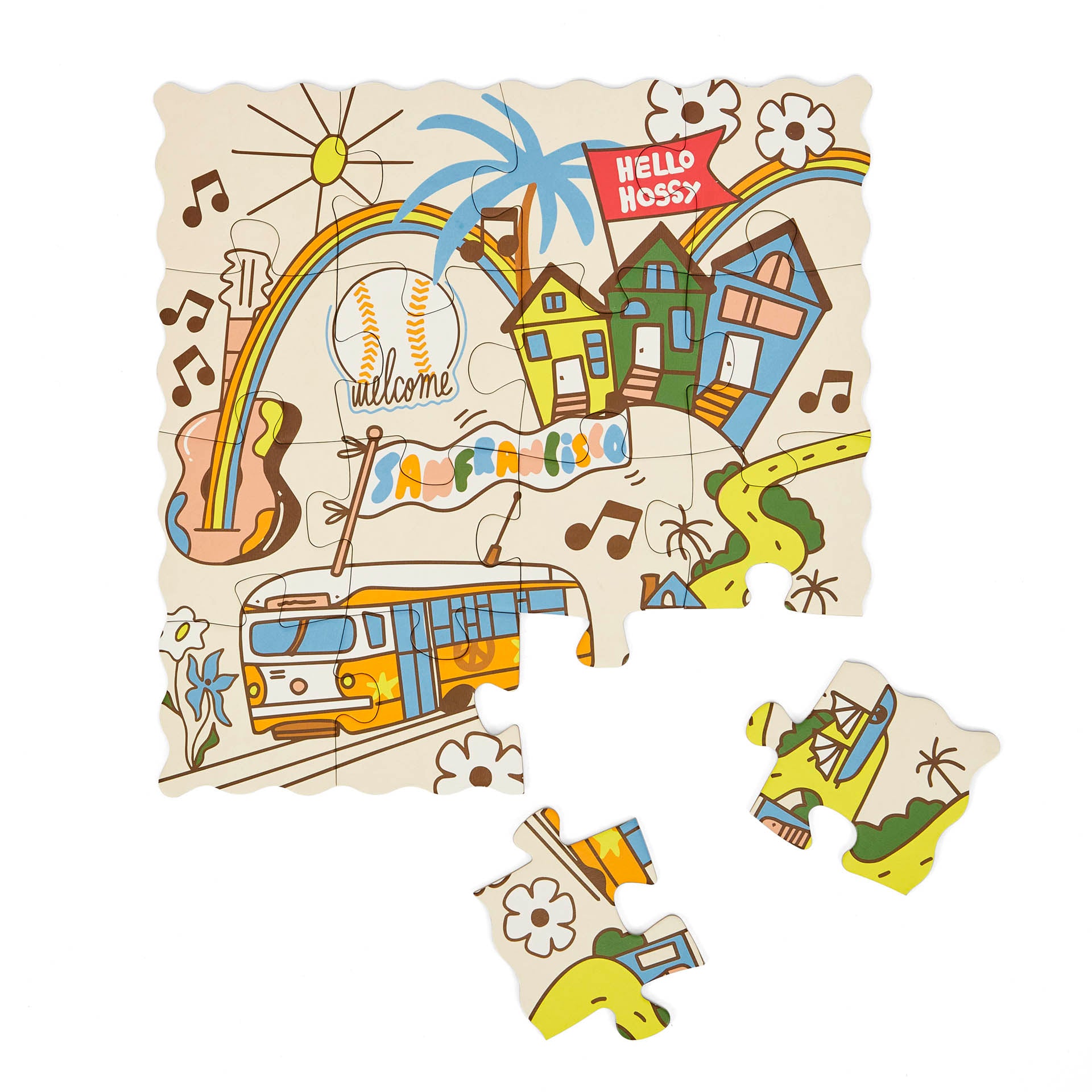 Puzzle para criança Hello Hossy "San Francisco" parcialmente montado – vista plana – fundo branco