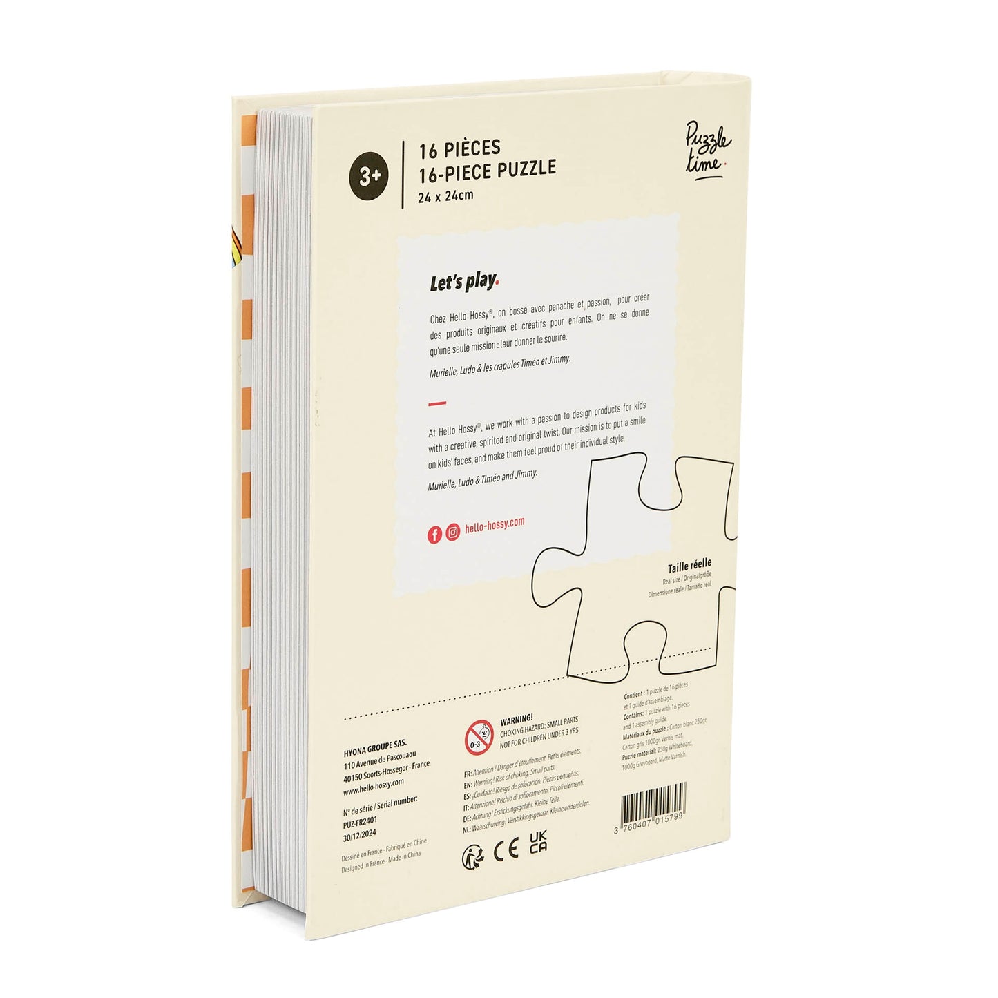 Puzzle para criança Hello Hossy em formato de livro – 16 peças – verso ilustrado com mensagem da marca – vista traseira