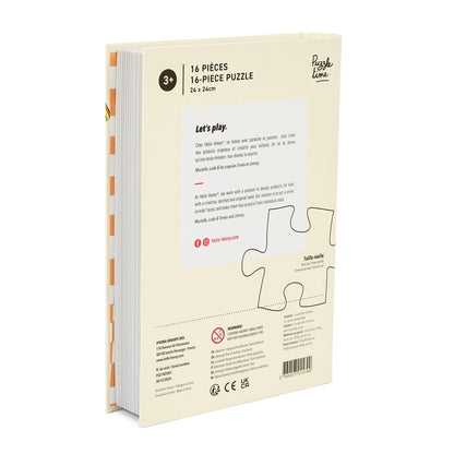 Puzzle para criança Hello Hossy em formato de livro – 16 peças – verso ilustrado com mensagem da marca – vista traseira