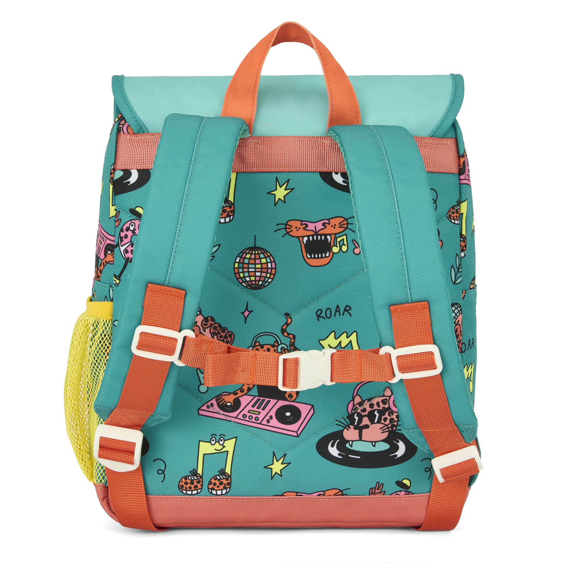 Mochila infantil verde coral com padrão de animais coloridos Hello Hossy