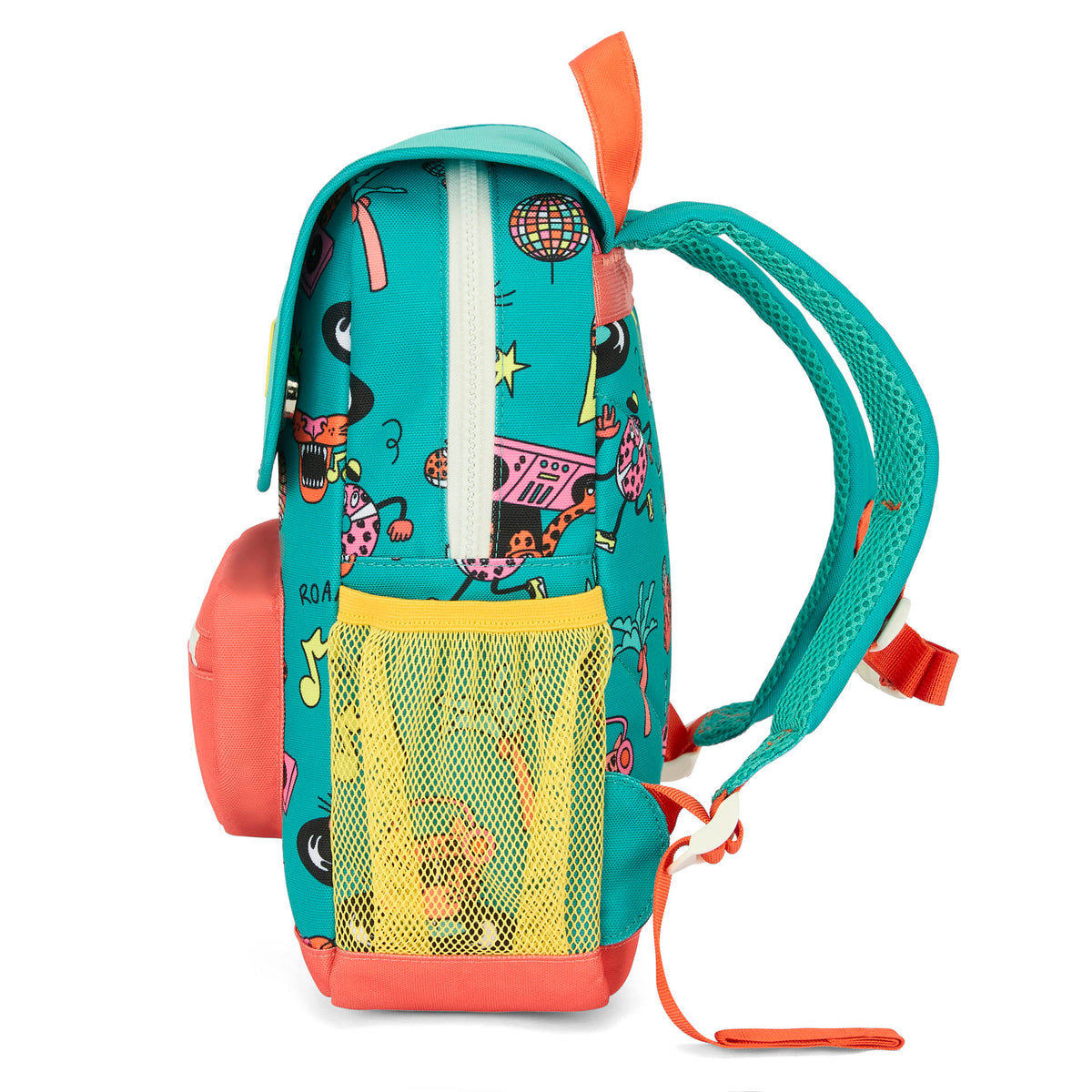 Mochila infantil verde coral com padrão de animais, bolsos em rede Hello Hossy