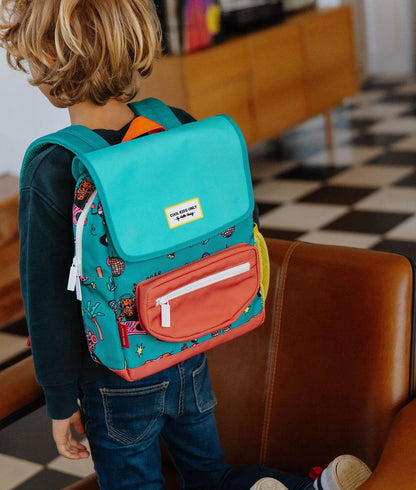 Mochila infantil verde e coral com padrão de animais Hello Hossy