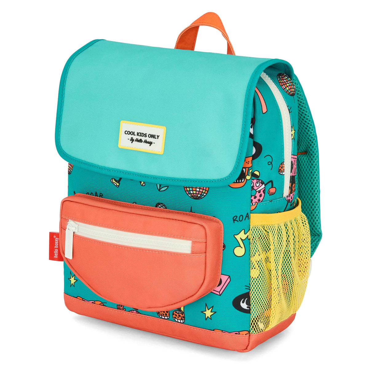 Mochila infantil verde e coral com padrão de animais e bolso frontal, Hello Hossy
