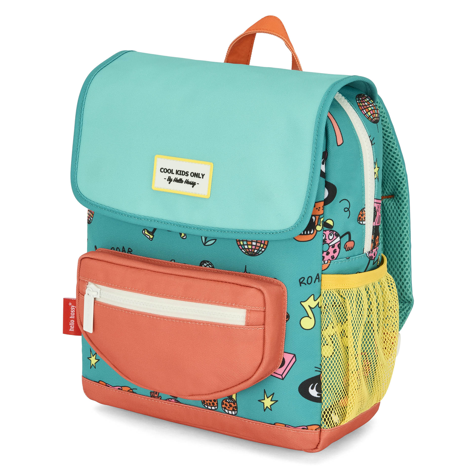 Mochila infantil verde e coral com padrão de animais e bolso frontal, Hello Hossy