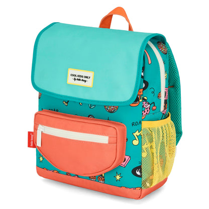Mochila infantil verde e coral com padrão de animais e bolso frontal, Hello Hossy
