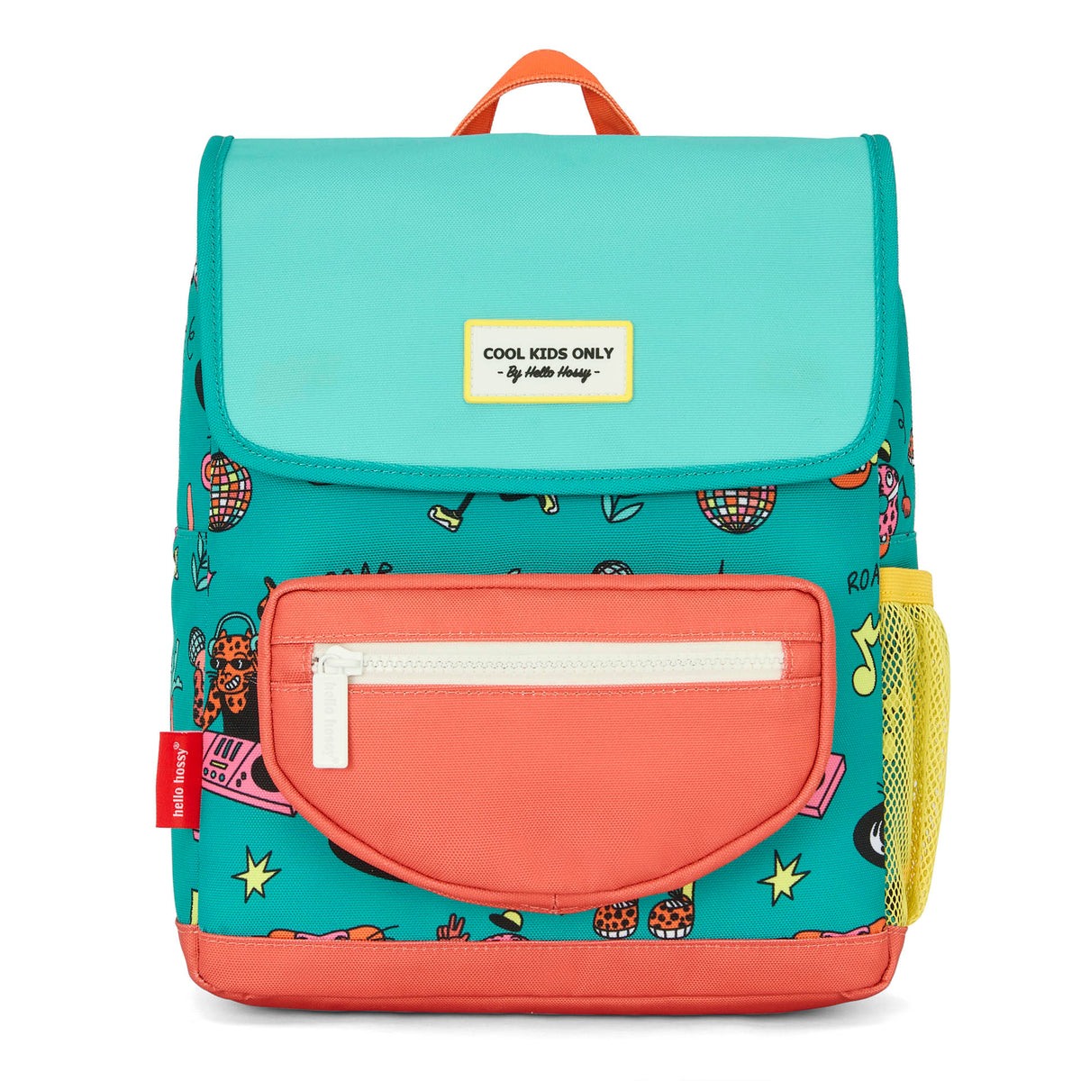 Mochila infantil verde coral com padrão de animais e bolso amarelo Hello Hossy