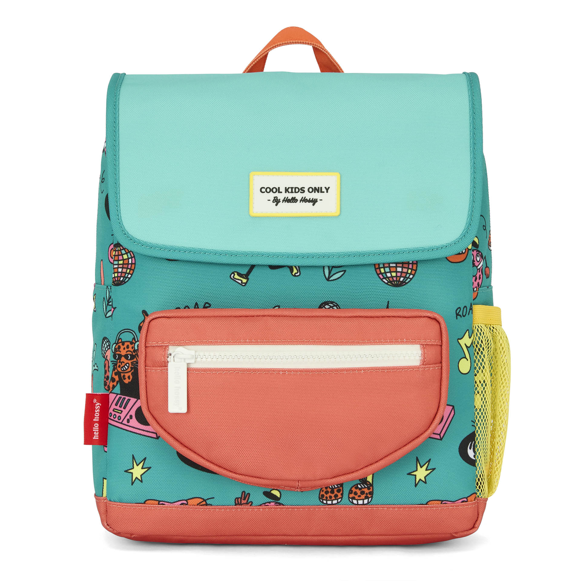 Mochila infantil verde coral com padrão de animais e bolso amarelo Hello Hossy