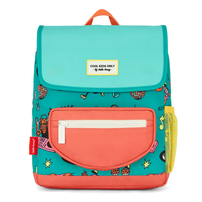 Mochila infantil verde coral com padrão de animais e bolso amarelo Hello Hossy