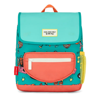 Mochila infantil verde coral com padrão de animais e bolso amarelo Hello Hossy