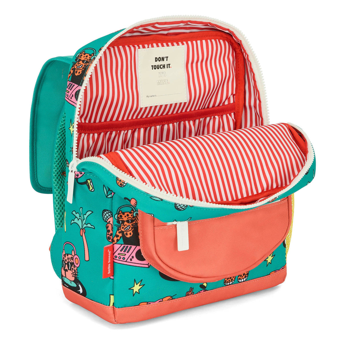 Mochila infantil verde e coral com padrão de animais, interior às riscas Hello Hossy