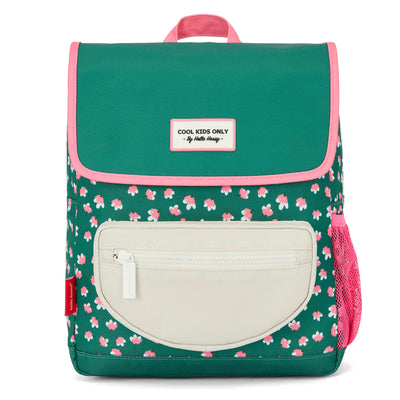 Mochila infantil verde com estampado de flores rosa e bolso bege Hello Hossy