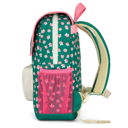 Mochila infantil verde com flores rosa e bolso em rede, Hello Hossy