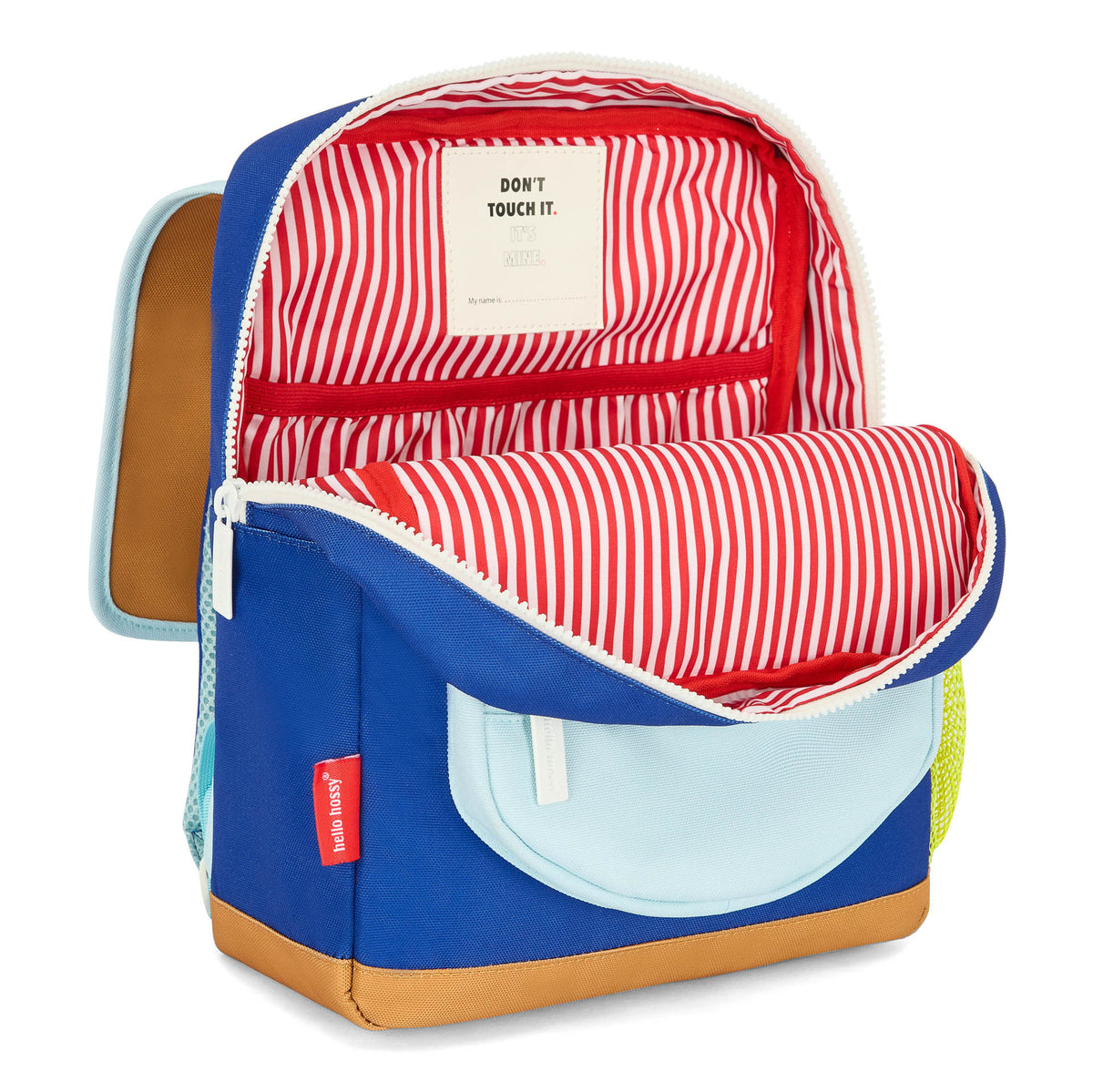Mochila infantil azul, interior às riscas vermelho e branco, bolso frontal Hello Hossy