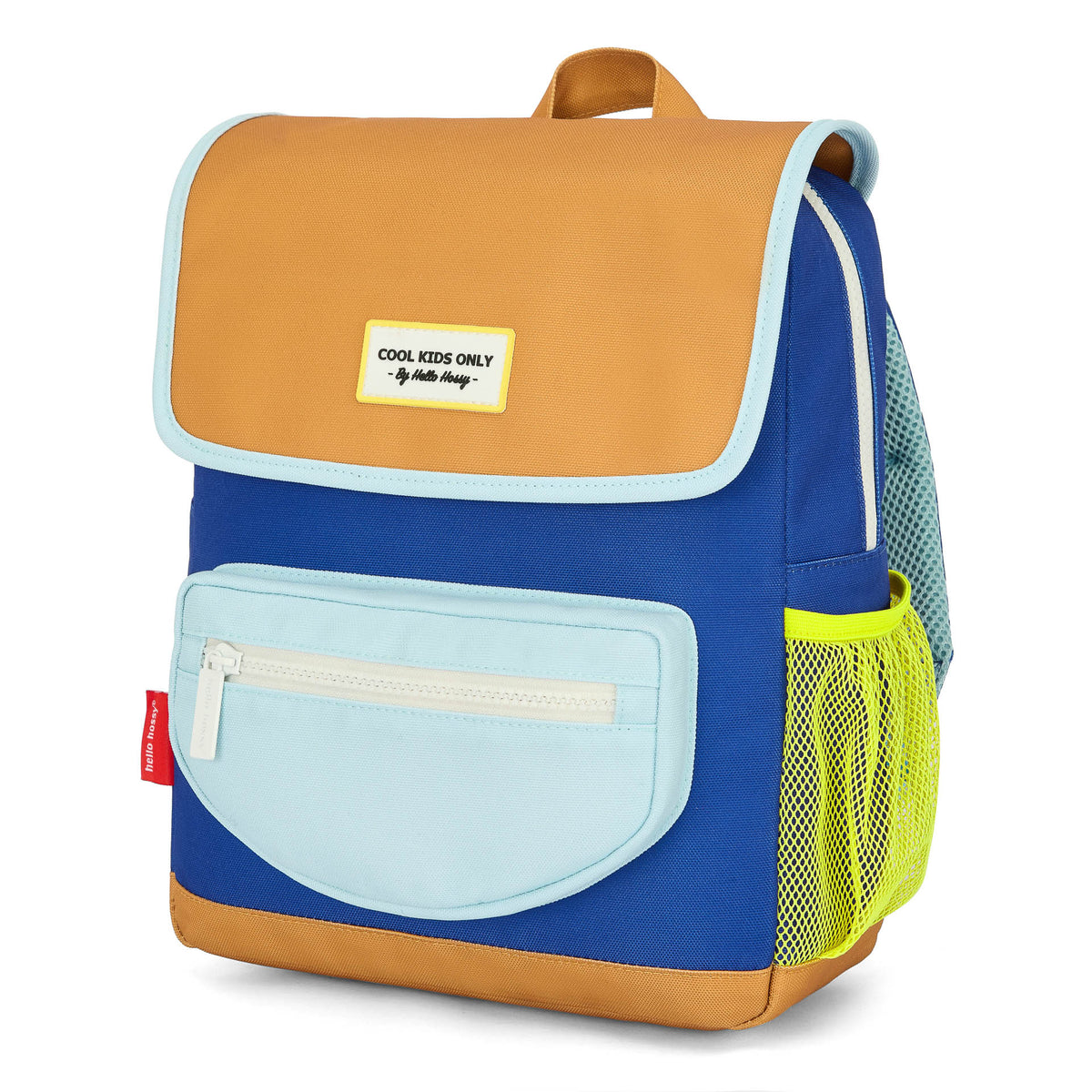 Mochila infantil azul castanha com bolso frontal em rede amarelo Hello Hossy