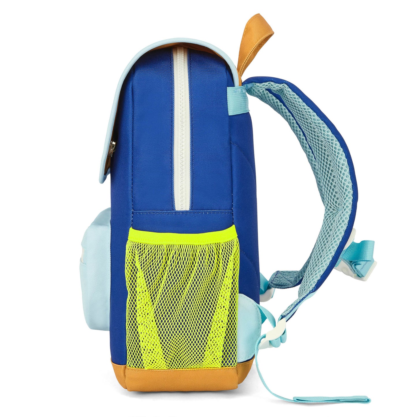 Mochila de criança azul com bolso em rede amarelo e alças acolchoadas Hello Hossy