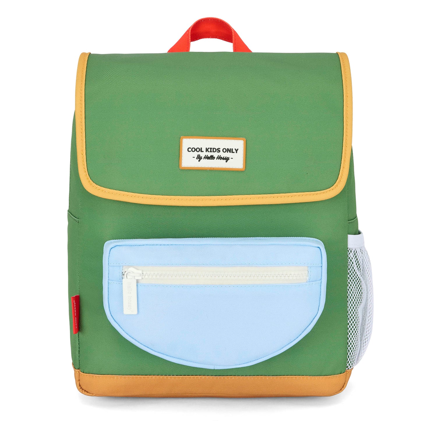 Mochila infantil verde com bolso azul, detalhe em couro Hello Hossy