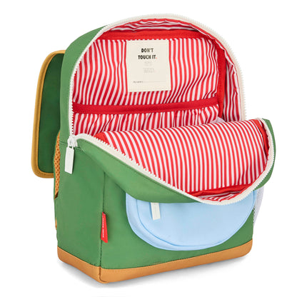 Mochila verde para criança, bolsos azul-claro, interior às riscas vermelhas Hello Hossy