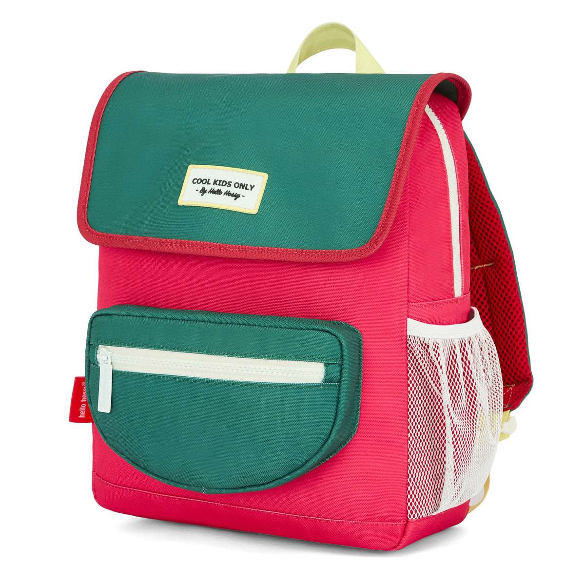 Mochila infantil framboise e verde com bolso frontal, Hello Hossy