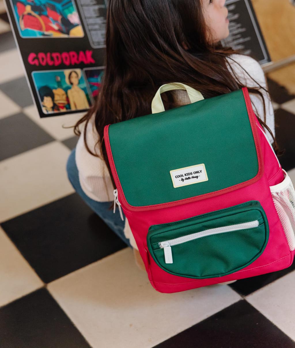 Mochila infantil framboise e verde com bolso frontal, Hello Hossy