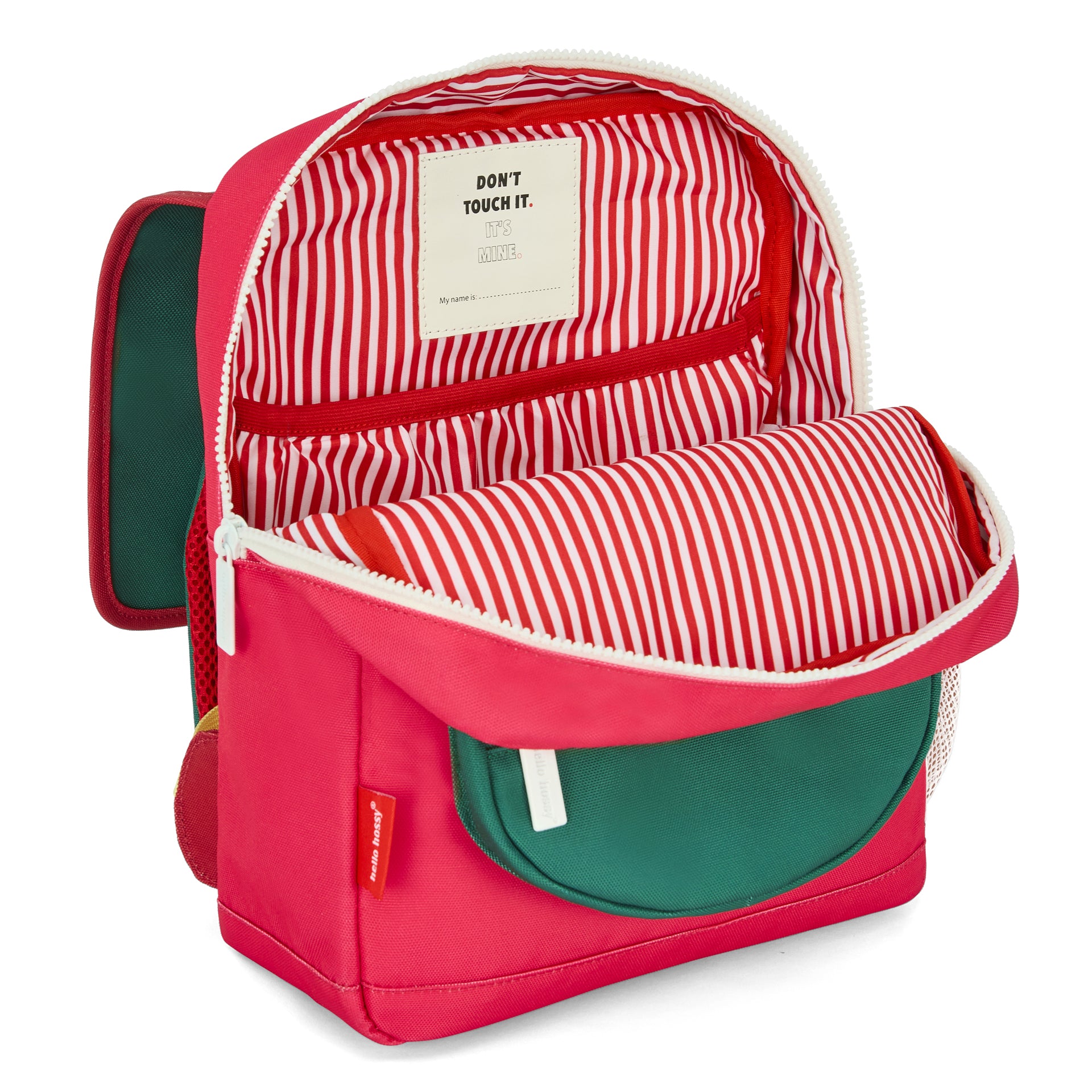 Mochila infantil framboise, bolso verde, interior às riscas Hello Hossy