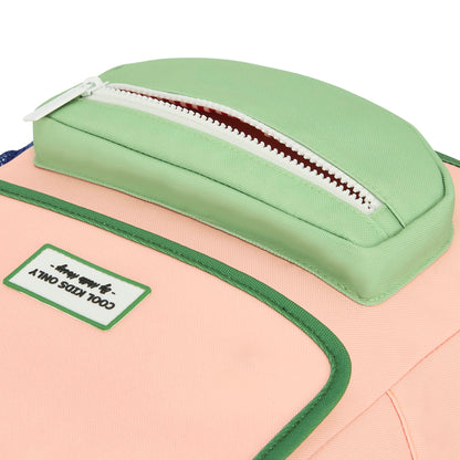 Mochila infantil rosa e verde, detalhes no bolso frontal Hello Hossy