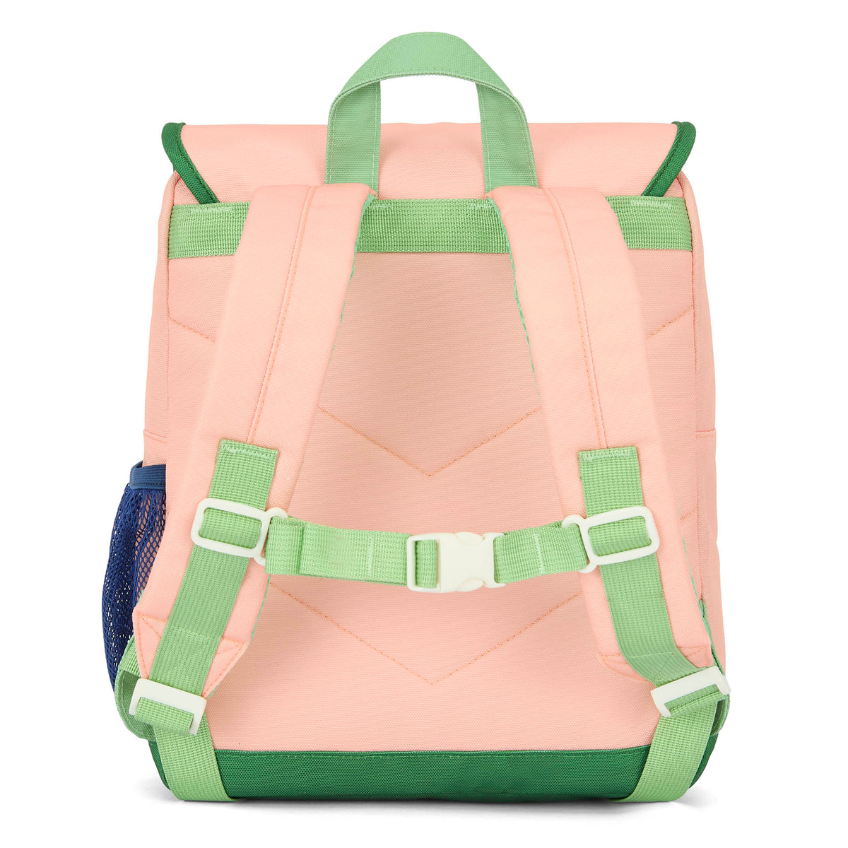 Mochila para criança rosa, detalhes verdes, bolso de rede Hello Hossy