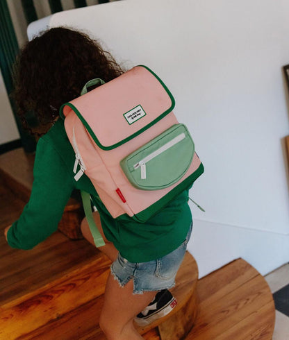 Mochila infantil rosa com bolso verde Hello Hossy