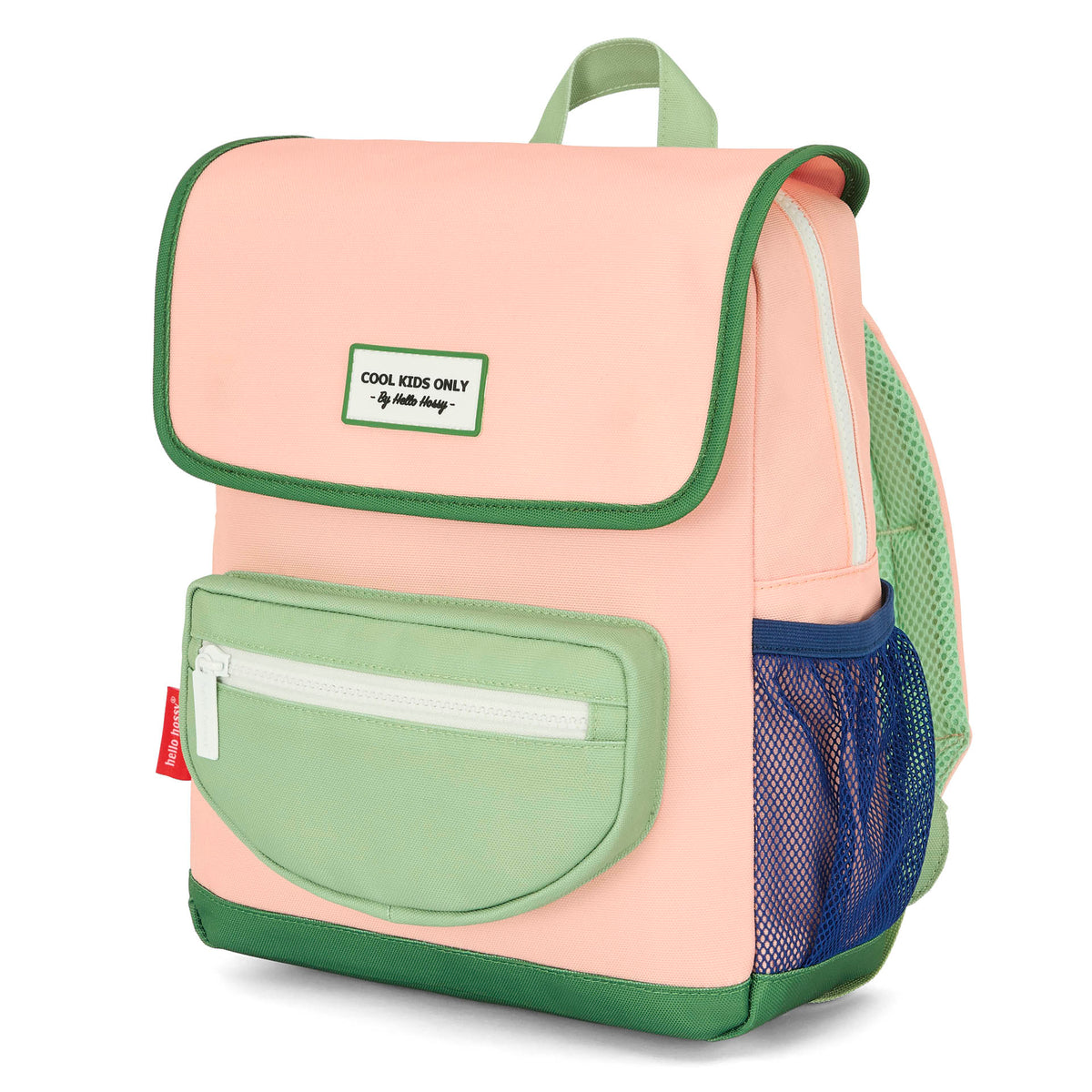 Mochila infantil rosa e verde, bolso frontal Hello Hossy