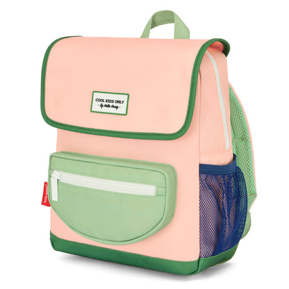 Mochila infantil rosa e verde, bolso frontal Hello Hossy