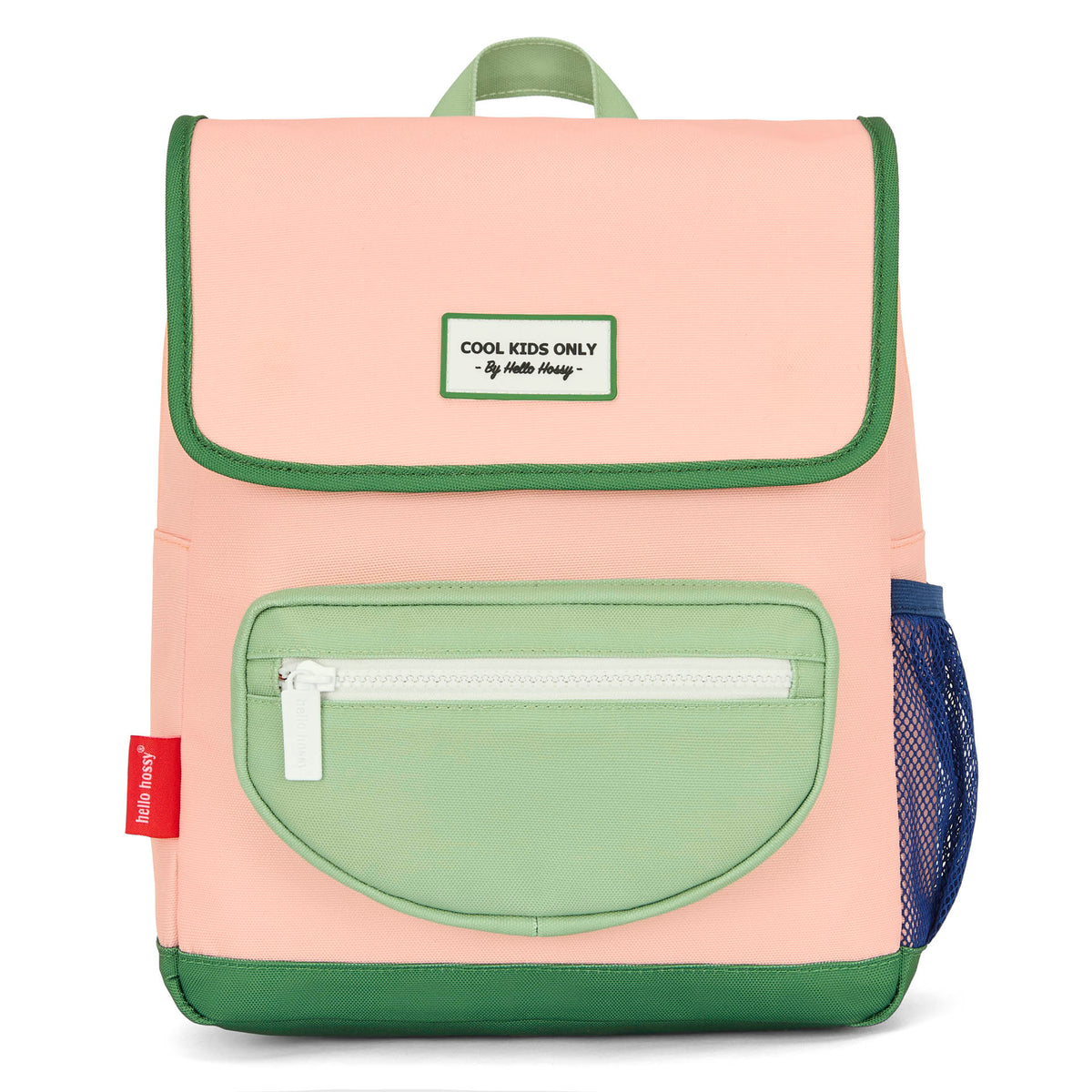 Mochila infantil rosa e verde, bolso frontal Hello Hossy