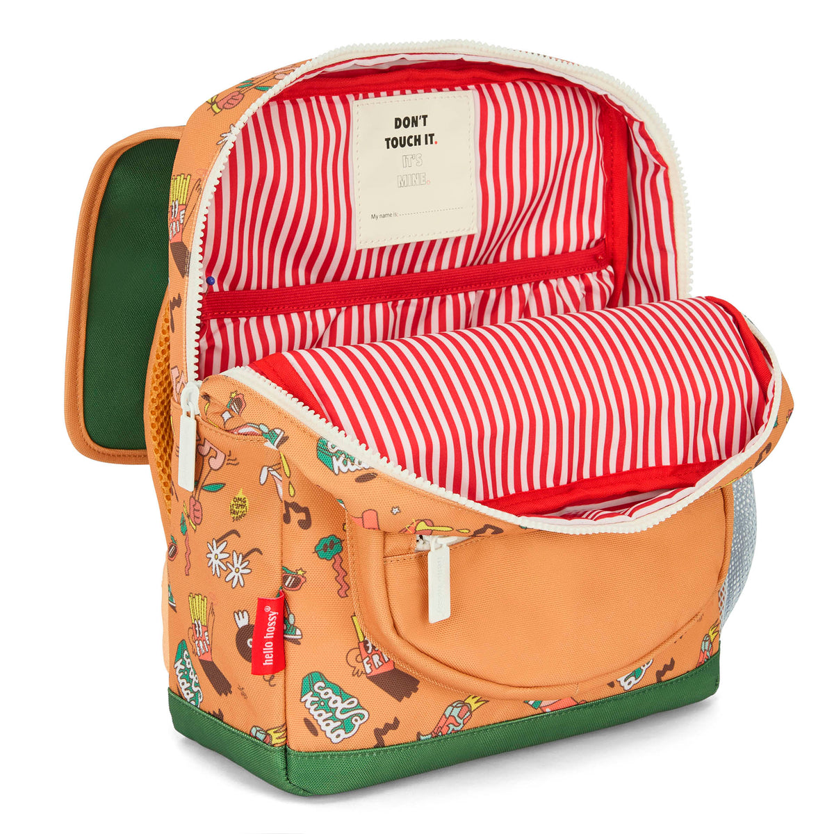 Mochila infantil castanha, estampado de música, interior às riscas Hello Hossy
