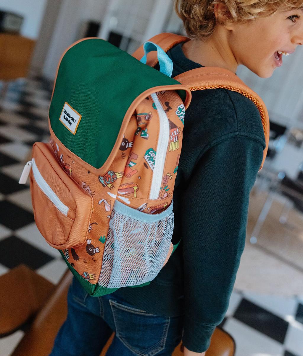 Mochila infantil castanha com estampado de música, bolso em rede Hello Hossy