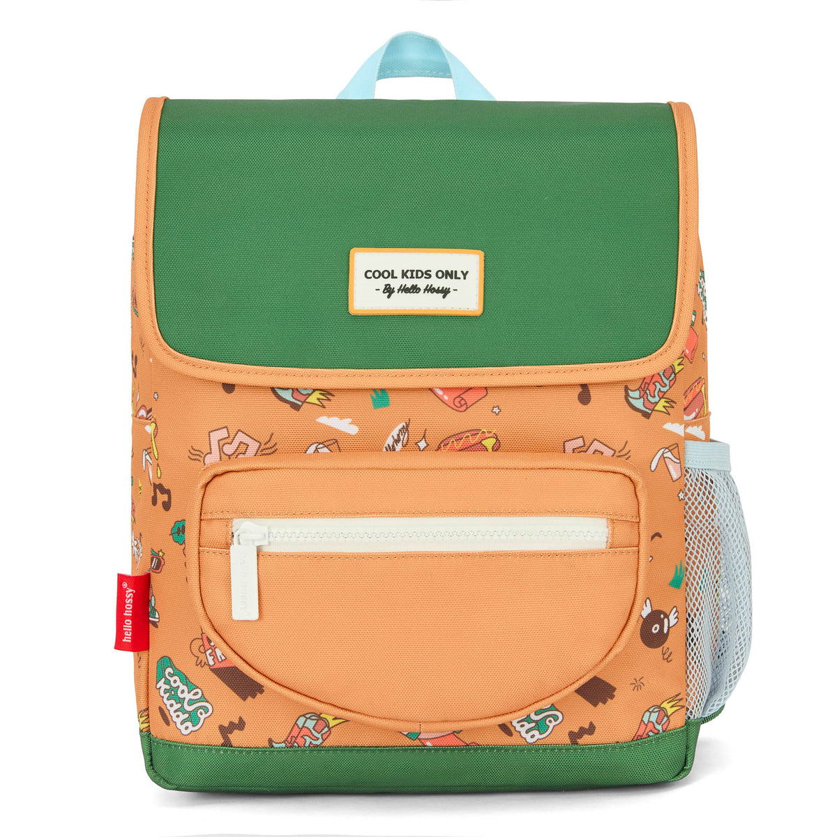 Mochila infantil castanha com estampado de música e bolso frontal Hello Hossy