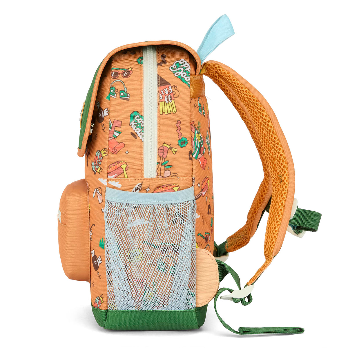 Mochila infantil castanha com estampado de música, bolso em rede Hello Hossy