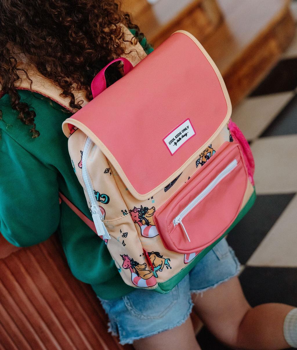 Mochila infantil rosa e amarela com padrões de unicórnio Hello Hossy