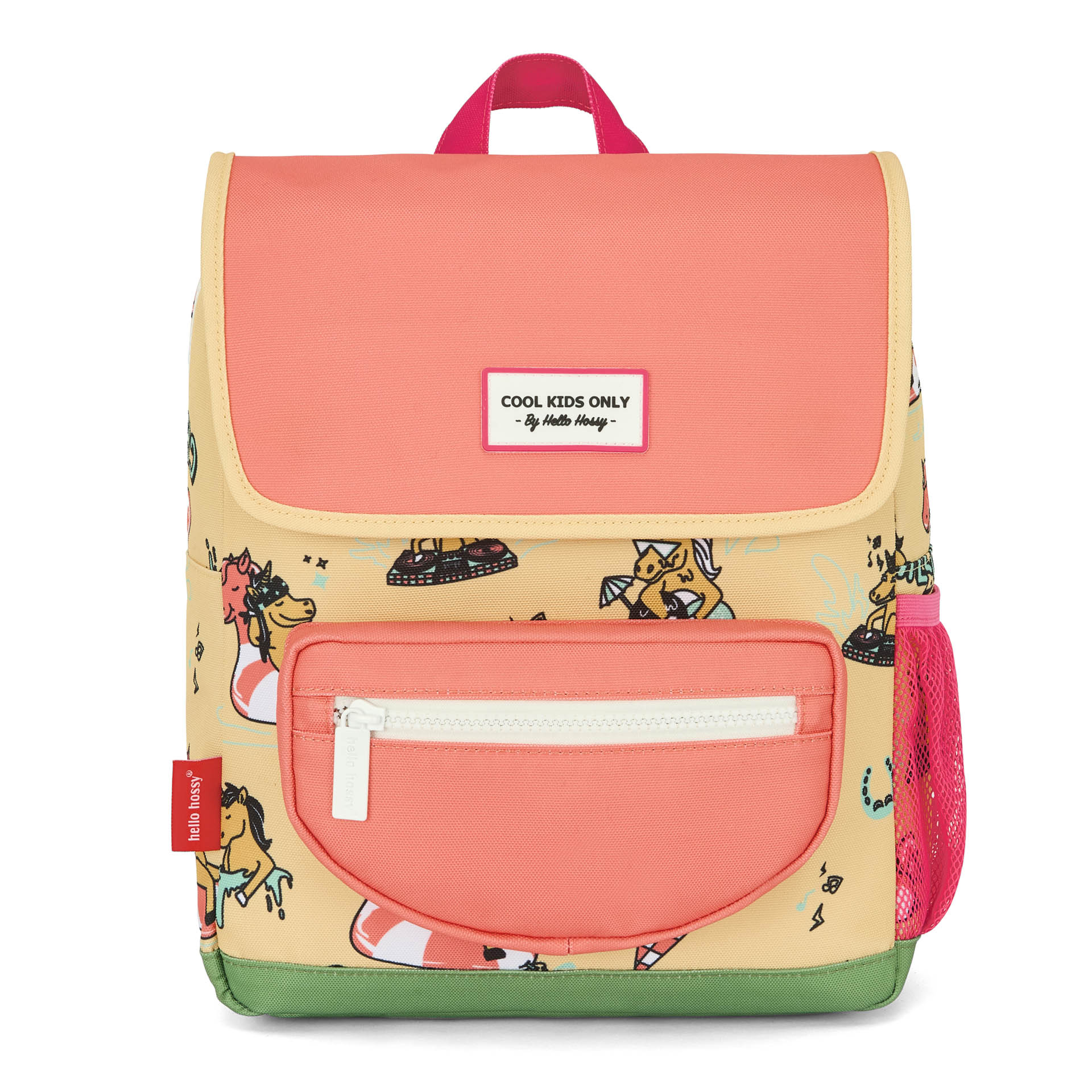Mochila infantil amarela e rosa com padrão de unicórnio Hello Hossy