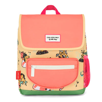 Mochila infantil amarela e rosa com padrão de unicórnio Hello Hossy