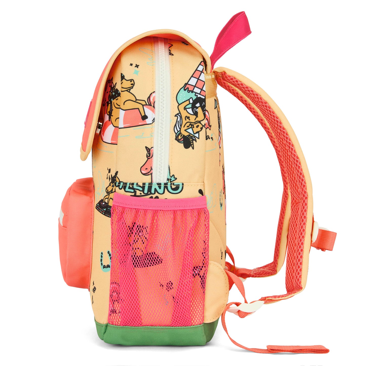 Mochila infantil amarela e rosa com padrão de unicórnio e bolso em rede Hello Hossy
