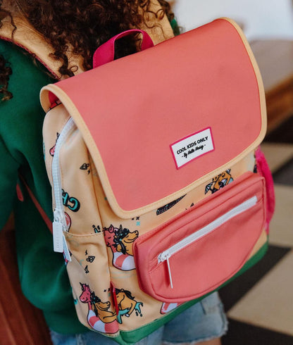 Mochila infantil rosa e amarela com padrão de unicórnio Hello Hossy