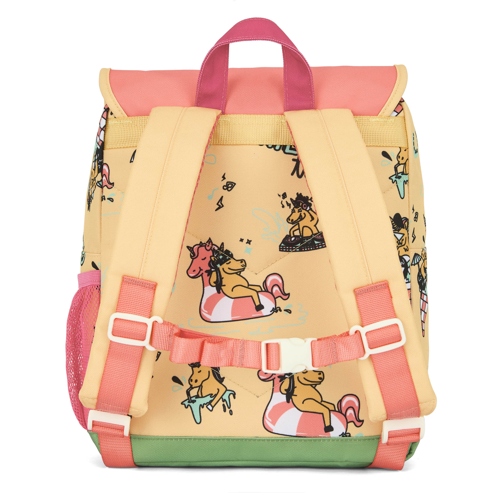 Mochila infantil amarela e rosa, padrão de unicórnios Hello Hossy