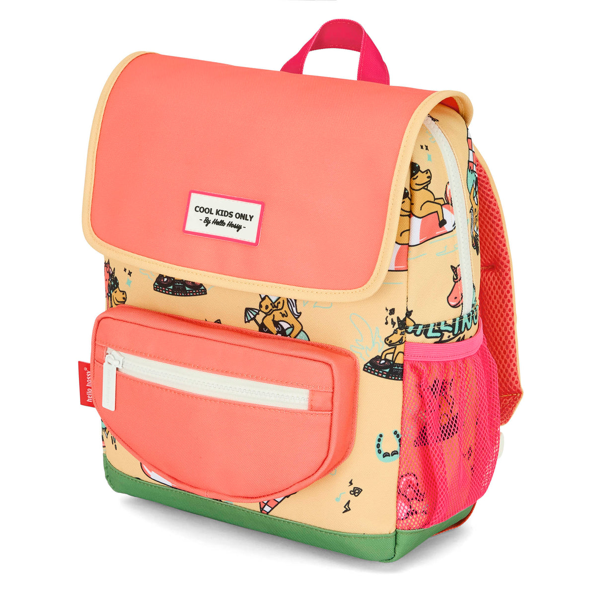 Mochila infantil amarela e rosa com estampado de unicórnio Hello Hossy