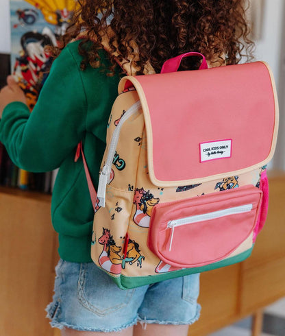 Mochila infantil amarela e rosa com padrão de unicórnio Hello Hossy