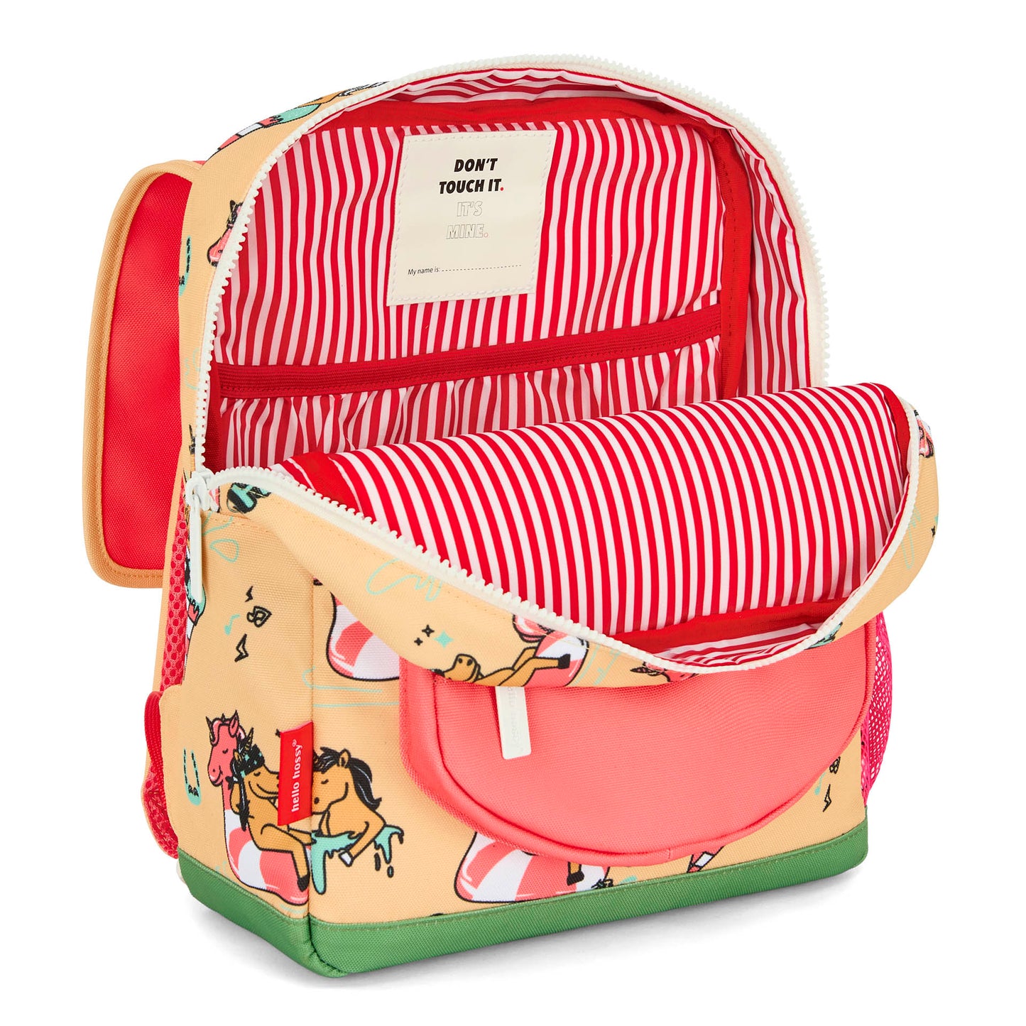 Mochila infantil amarela e rosa com motivo de unicórnio e forro às riscas Hello Hossy