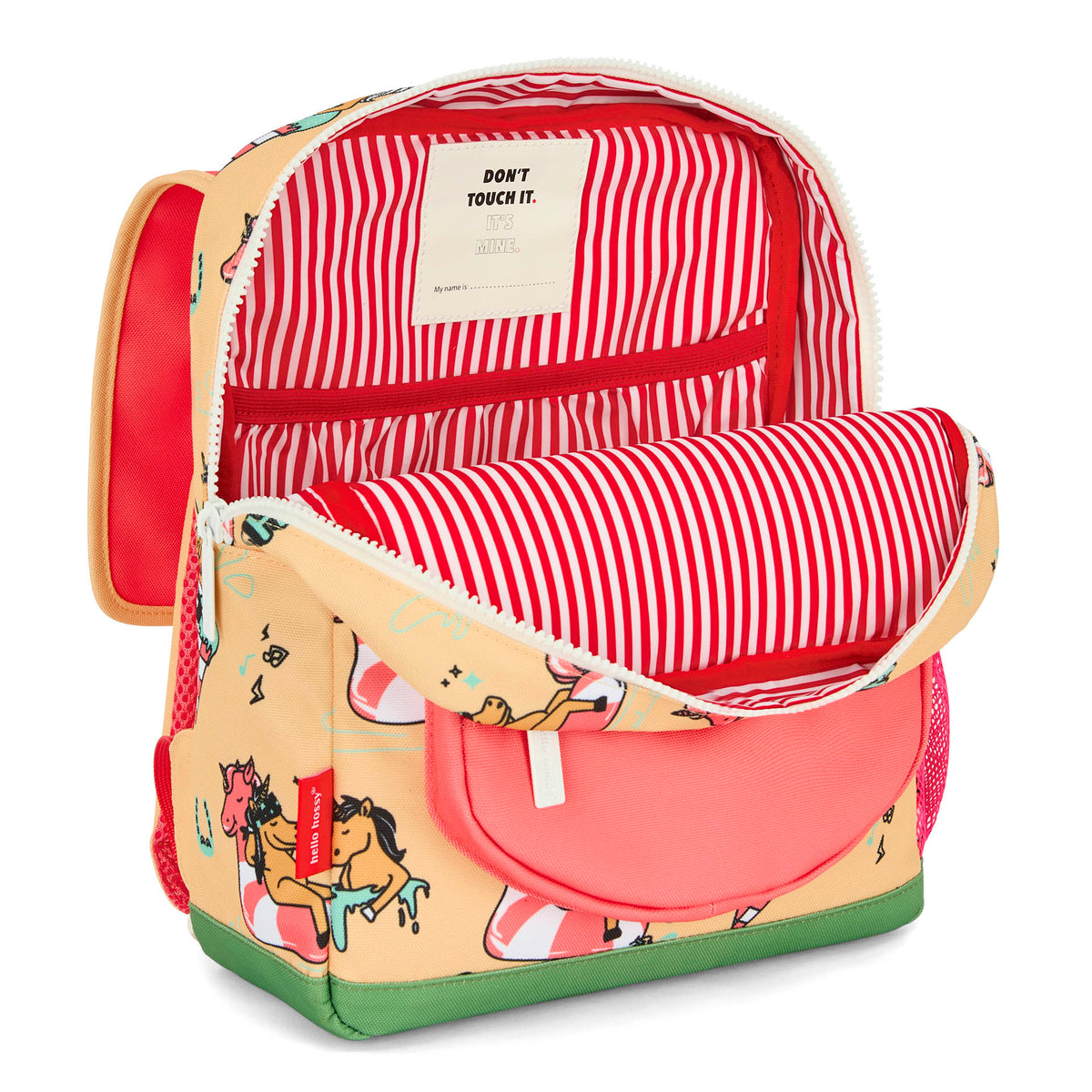Mochila infantil amarela e rosa com motivo de unicórnio e forro às riscas Hello Hossy