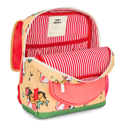 Mochila infantil amarela e rosa com motivo de unicórnio e forro às riscas Hello Hossy