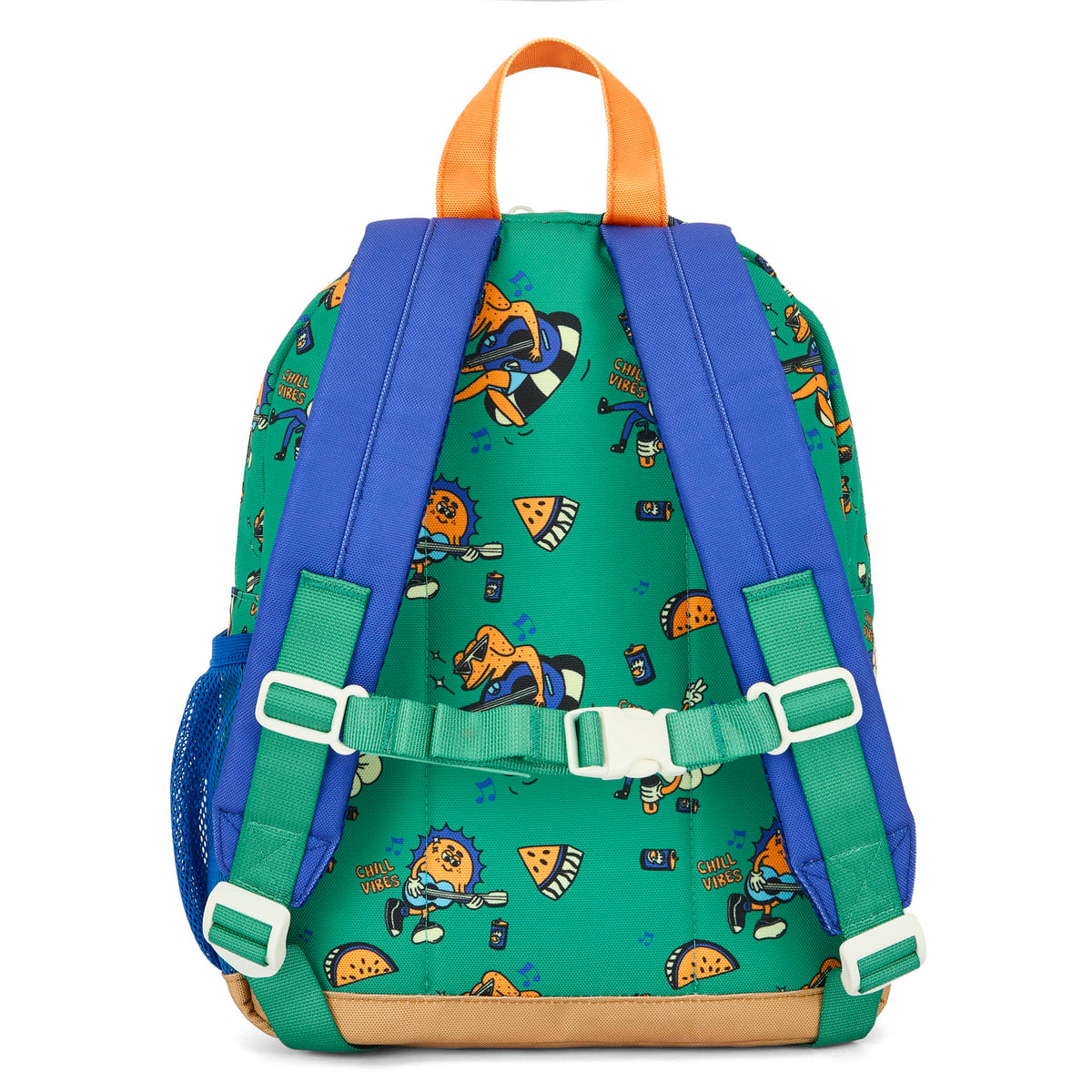 Mochila infantil verde com estampado de animais e alças azuis Hello Hossy