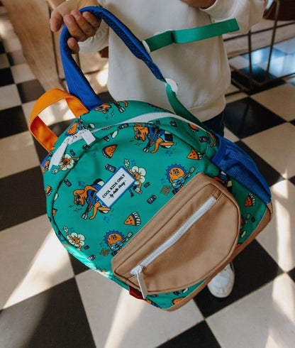 Mochila para criança verde com estampado de animais e bolso bege, Hello Hossy