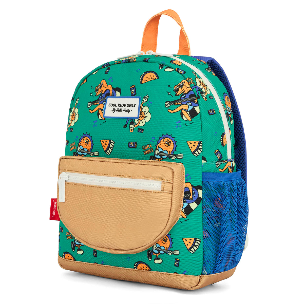 Mochila para criança verde com estampado de animais e bolso bege, Hello Hossy