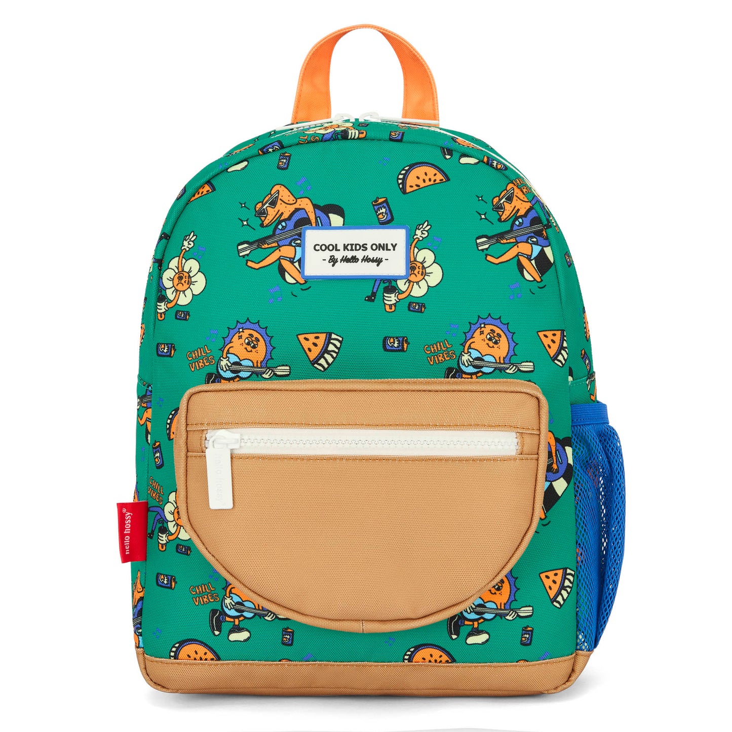 mochila infantil verde com estampado de animais, bolso castanho Hello Hossy